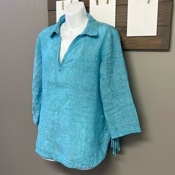 Isaac Mizrahi New York Turquoise V-Neck Linen Pullover Collared Shirt- Small - Picture 2 of 15